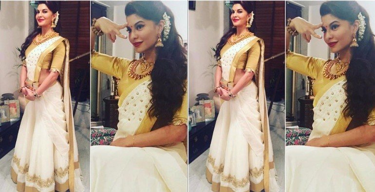 Jacqueline Fernandez in white and gold saree by Poornima Indrajith