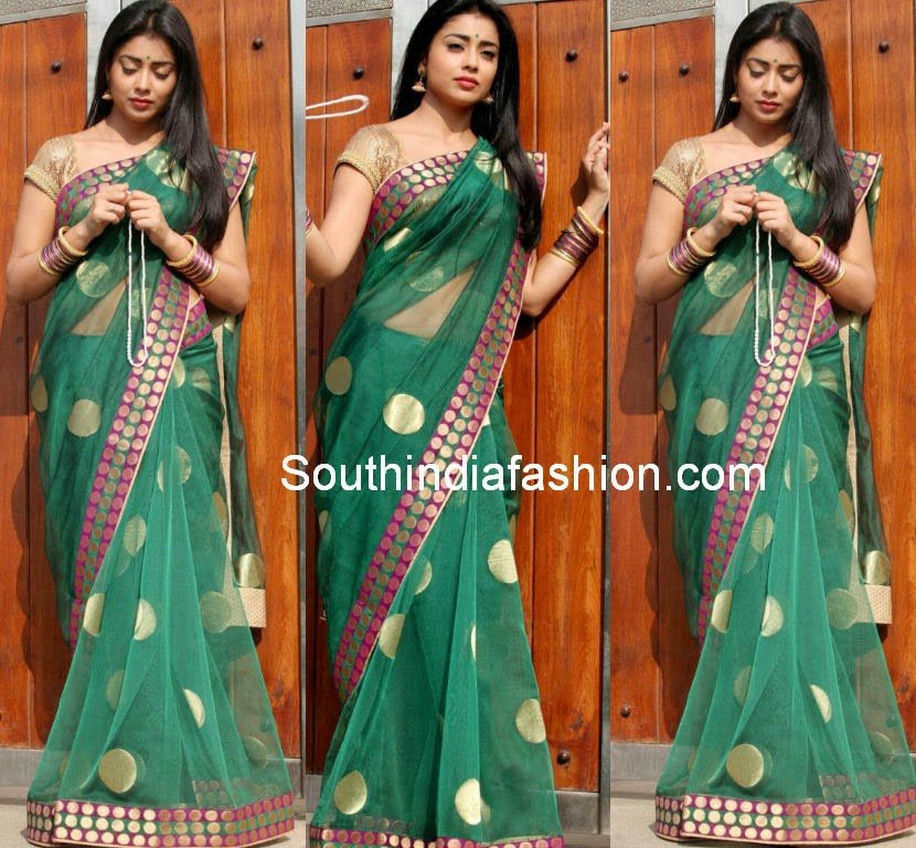 Shriya Saran in Green Polka Dots Saree