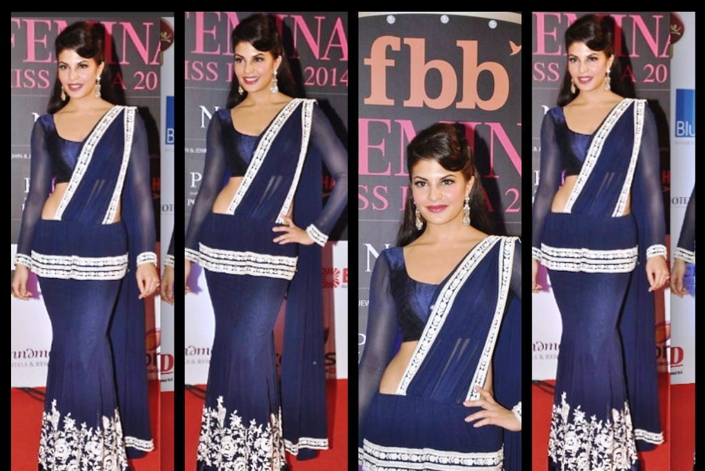 Jacqueline in Manish Malhotra Blue Sari